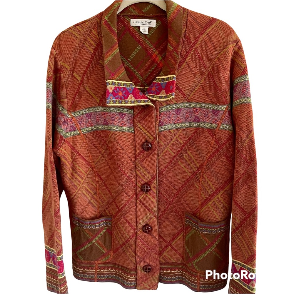 Coldwater Creek Burnt Orange Boho Print‎ Knit Jacket L